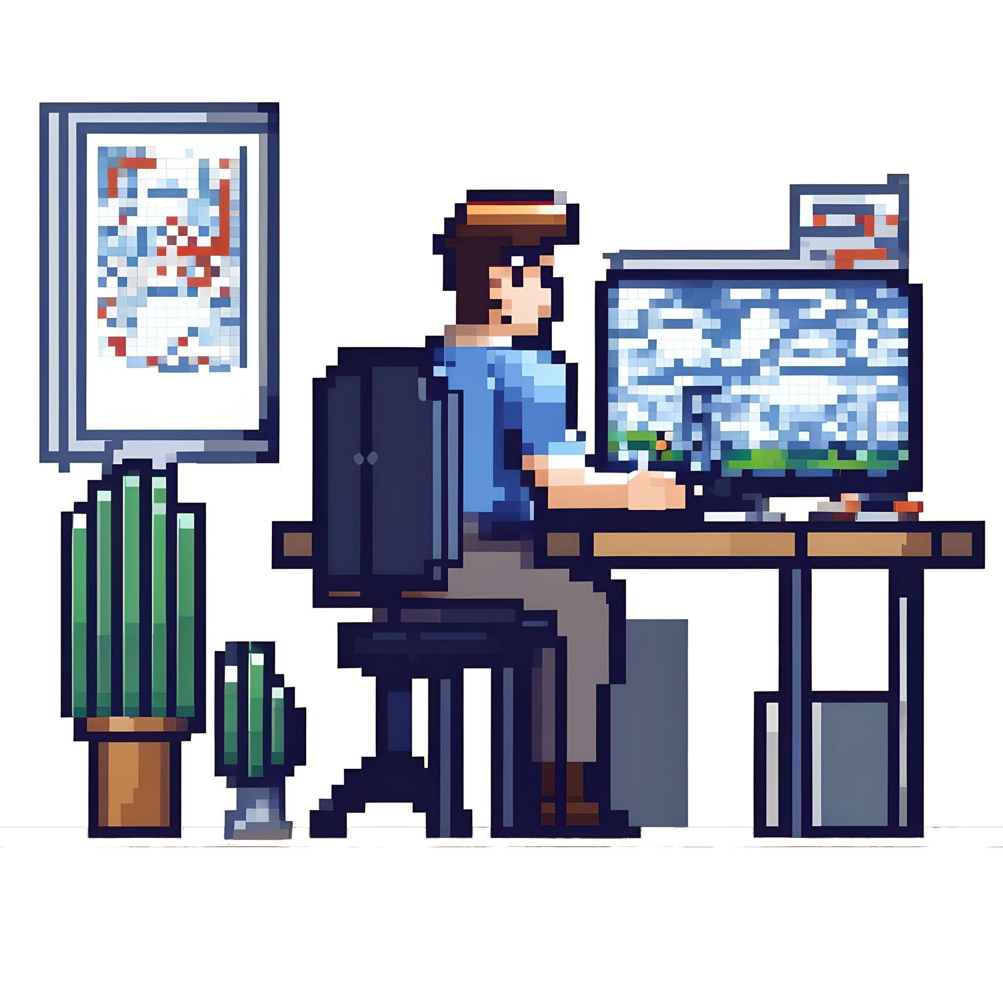 Pixle art of a developer working at a computer.